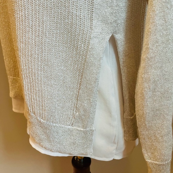 LUCKY BRAND Knit Metallic V-Neck Sweater Raglan Sleeves Lined Ivory Small Petite - Picture 6 of 9